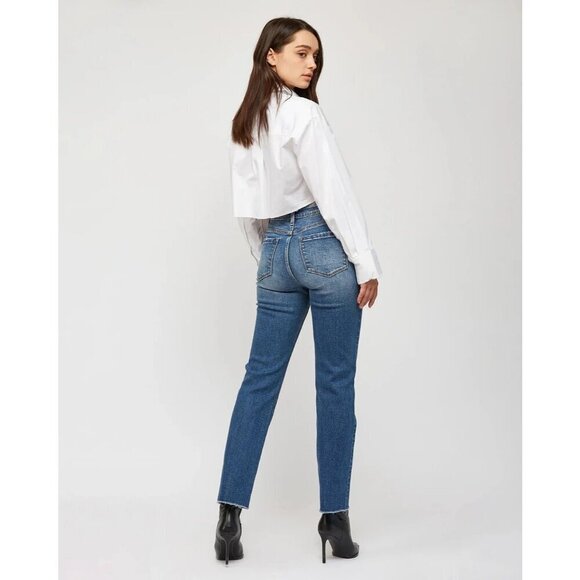 Mica Super Hi Rise Straight Leg Denim Jeans Mid-Wash Distressed Raw Hem Women 24 - Picture 3 of 16